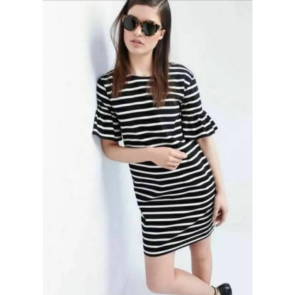 J CREW Ruffle Bell Sleeve Shift Dress Black Cream Stripe Sheath Mini Dress XS